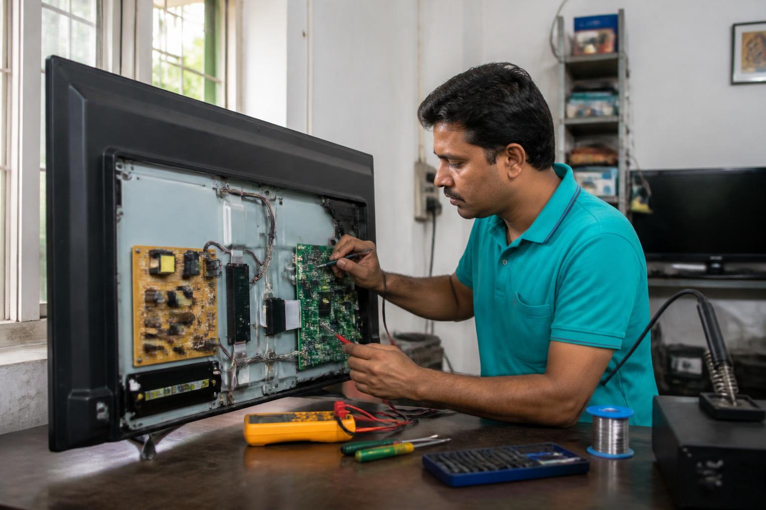 Technician inspecting an LED TV motherboard during doorstep repair